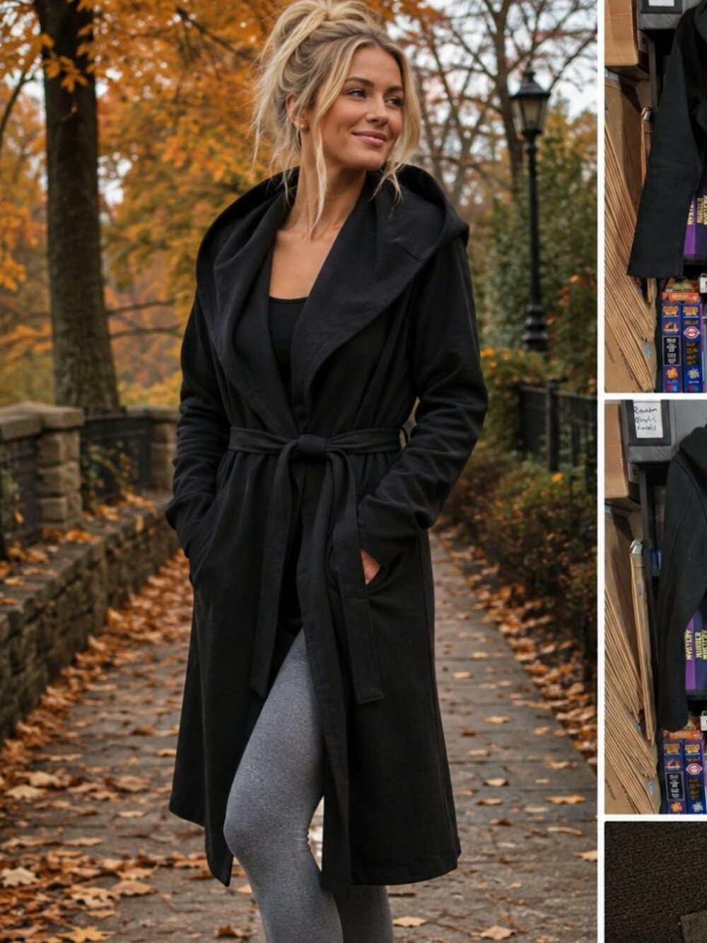 Haute Monde Black Hooded Belted Longline Cardigan Coat Size Medium